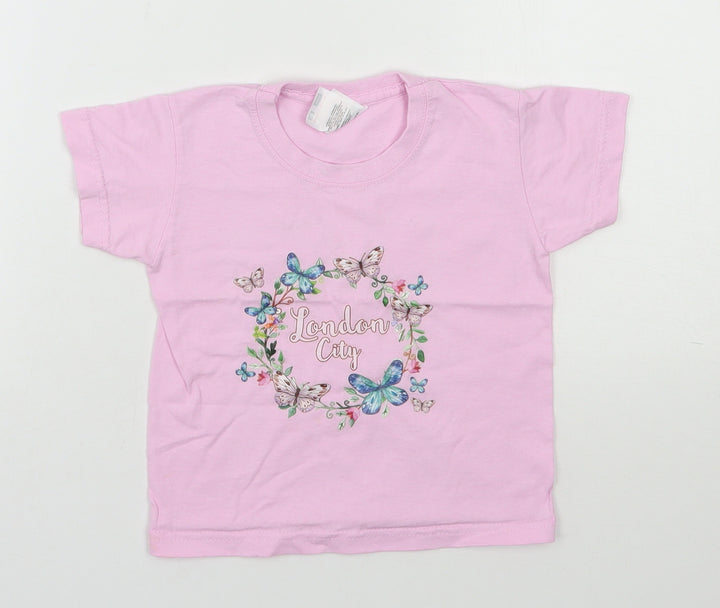 Fruit of the Loom Girls Pink 100% Cotton Basic T-Shirt Size 12-18 Months Round Neck Pullover - London, Butterflies