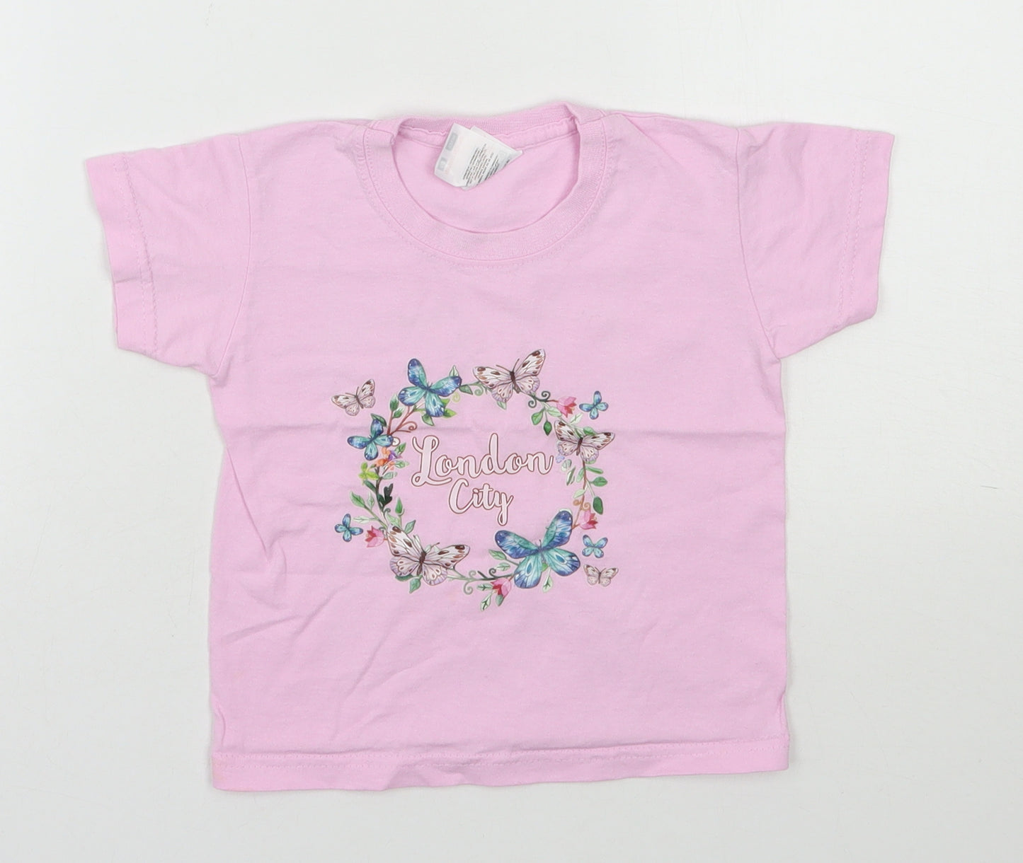 Fruit of the Loom Girls Pink  100% Cotton Basic T-Shirt Size 12-18 Months Round Neck Pullover - London, Butterflies