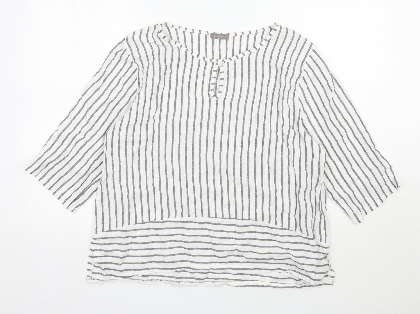 First Avenue Womens White Striped Linen Basic Blouse Size S Scoop Neck