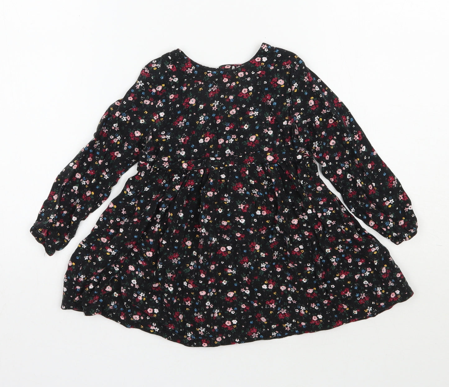 Primark Girls Black Floral Viscose Fit & Flare  Size 18-24 Months  Round Neck Button
