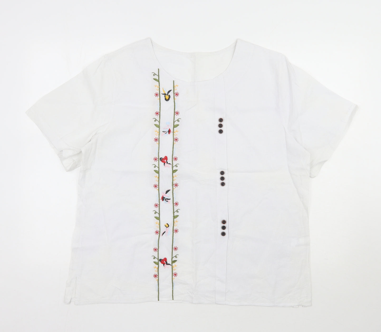 Preworn Womens White Floral Cotton Basic Blouse Size 2XL Scoop Neck