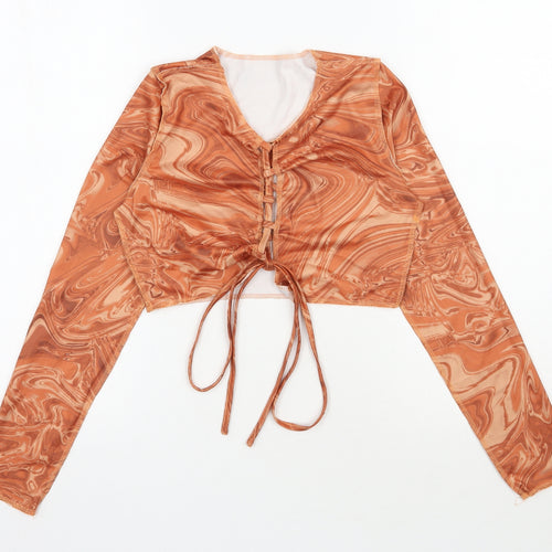 SheIn Womens Orange Geometric Polyester Cropped Blouse Size S V-Neck
