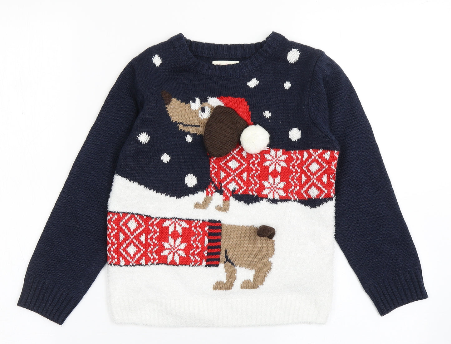 F&F Boys Blue Round Neck  Acrylic Pullover Jumper Size 6-7 Years  Pullover - Christmas