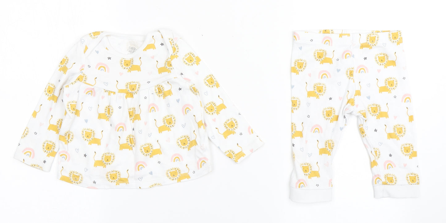 F&F Girls White  100% Cotton Capri Pyjama Set Size 6-9 Months  Pullover - Lion