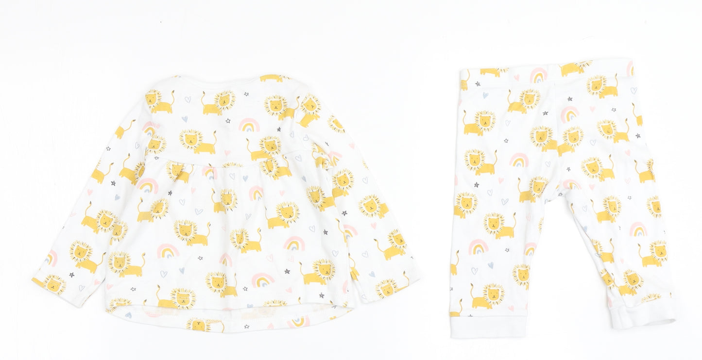 F&F Girls White  100% Cotton Capri Pyjama Set Size 6-9 Months  Pullover - Lion