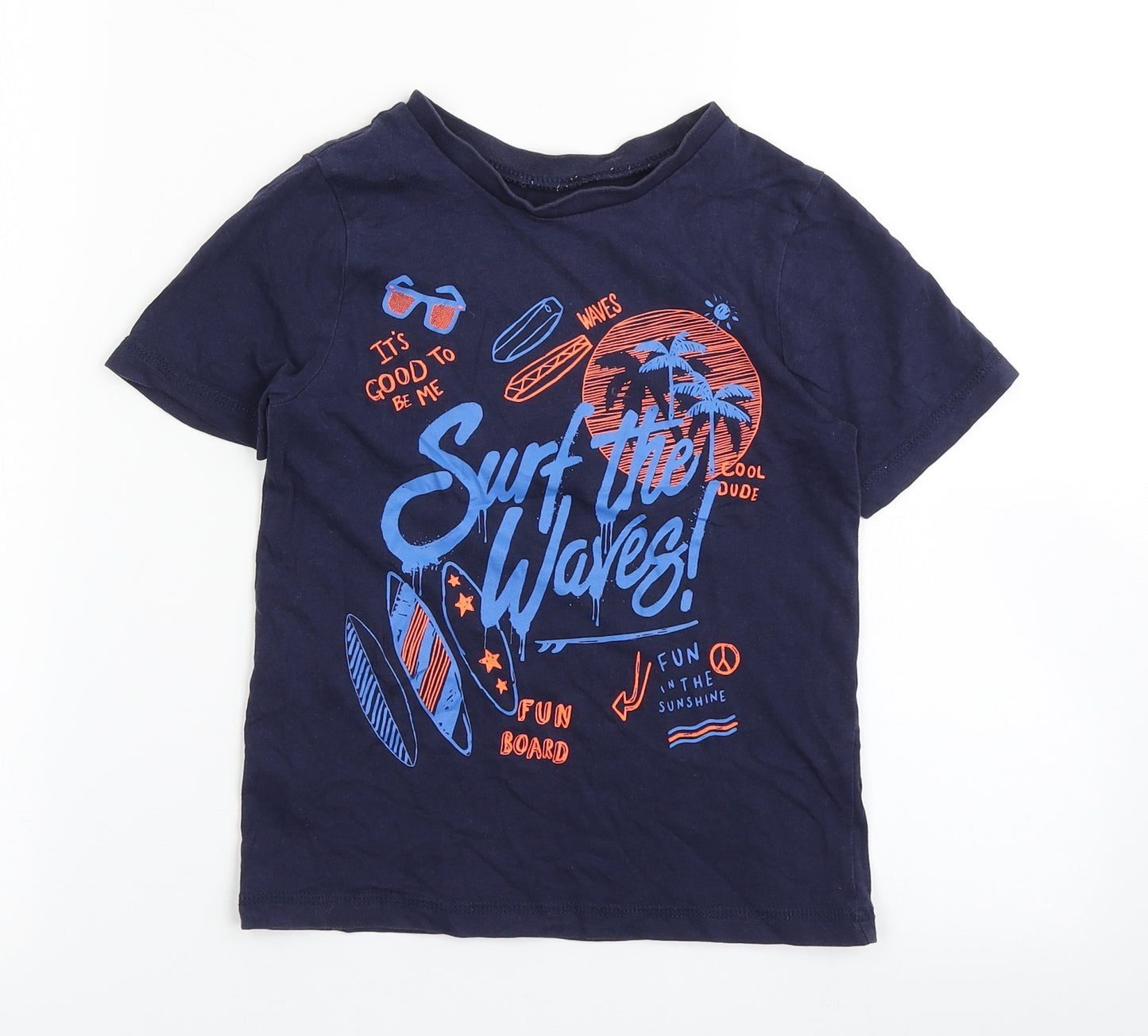 George Boys Blue  100% Cotton Basic T-Shirt Size 6-7 Years Round Neck Pullover - Surf