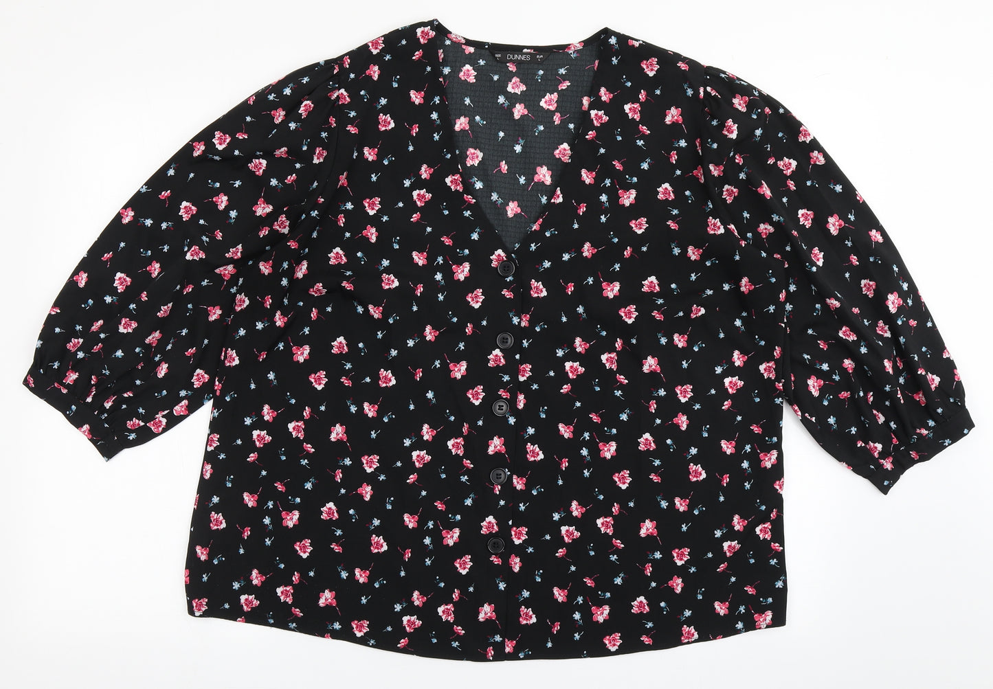 Dunnes Stores Womens Black Floral Polyester Basic Blouse Size L V-Neck