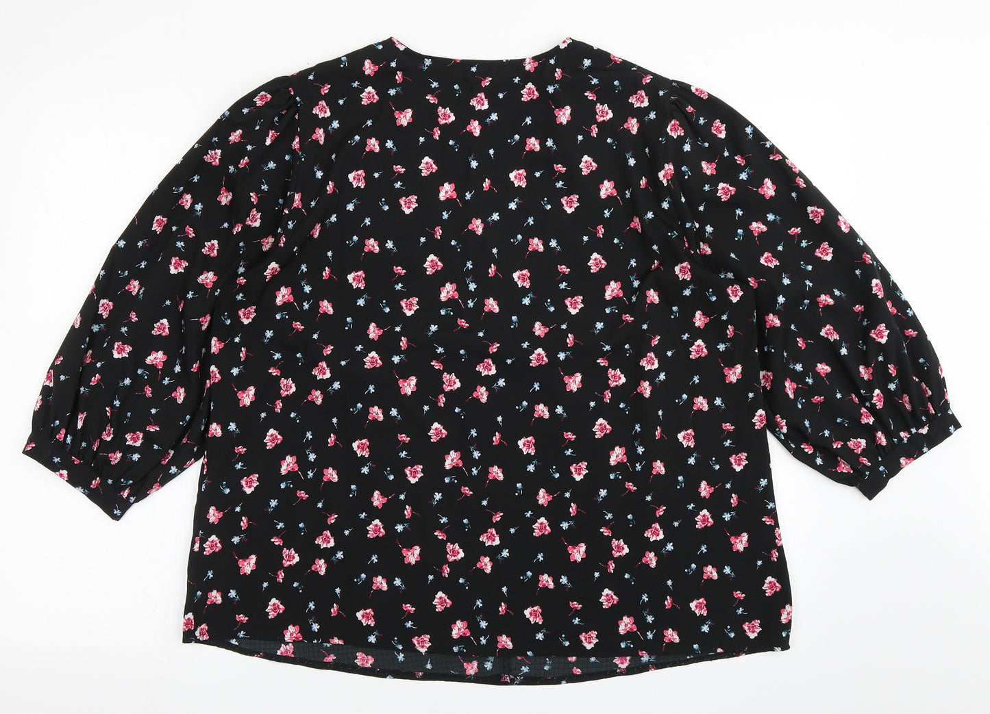 Dunnes Stores Womens Black Floral Polyester Basic Blouse Size L V-Neck