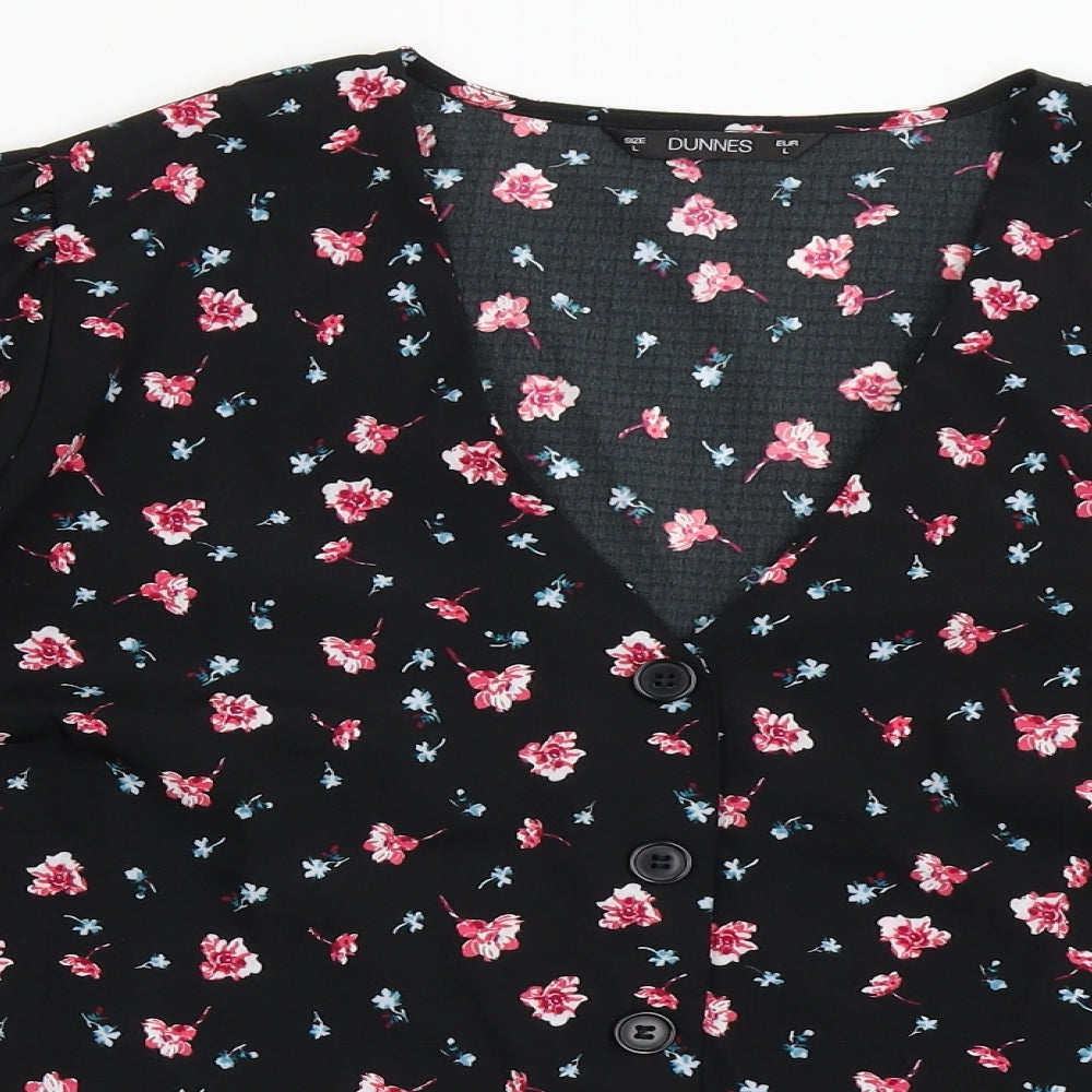 Dunnes Stores Womens Black Floral Polyester Basic Blouse Size L V-Neck