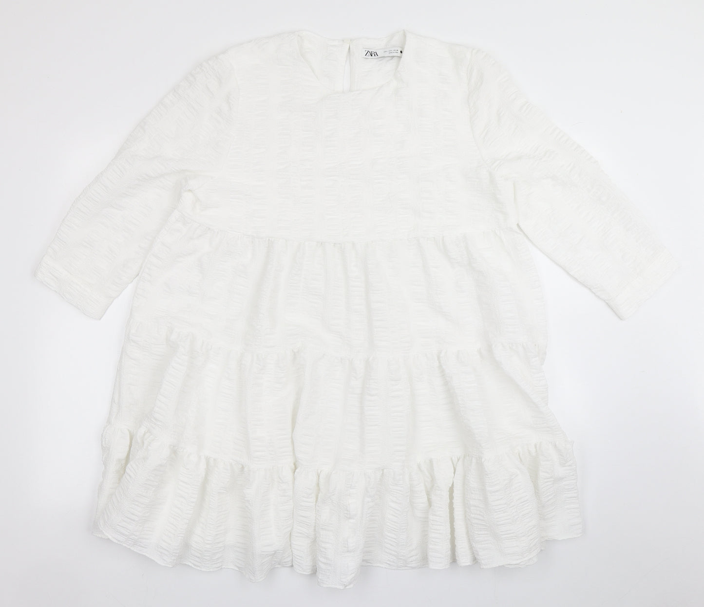 Zara Womens White  Polyester Trapeze & Swing  Size L  Round Neck Button - Smock Dress