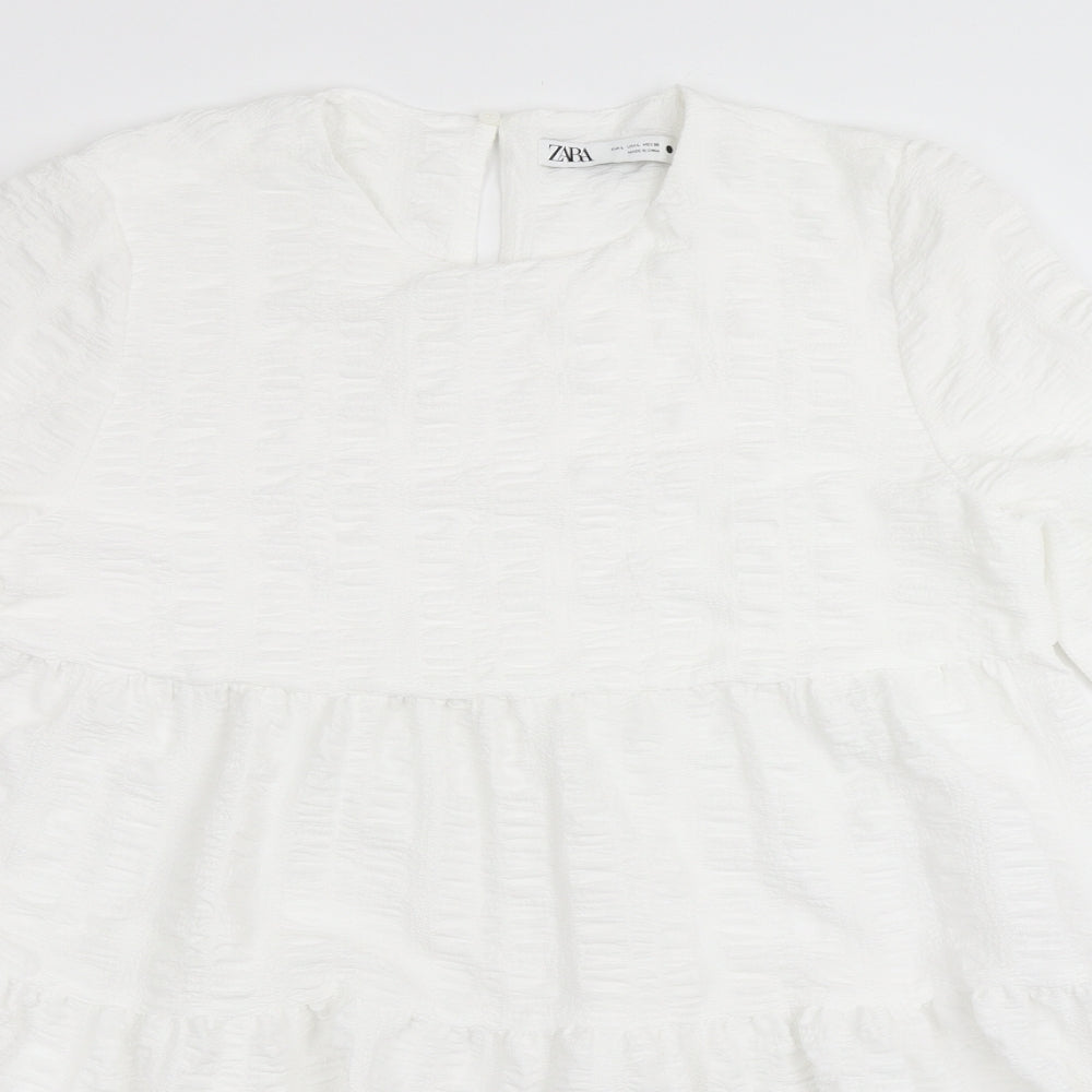 Zara Womens White  Polyester Trapeze & Swing  Size L  Round Neck Button - Smock Dress