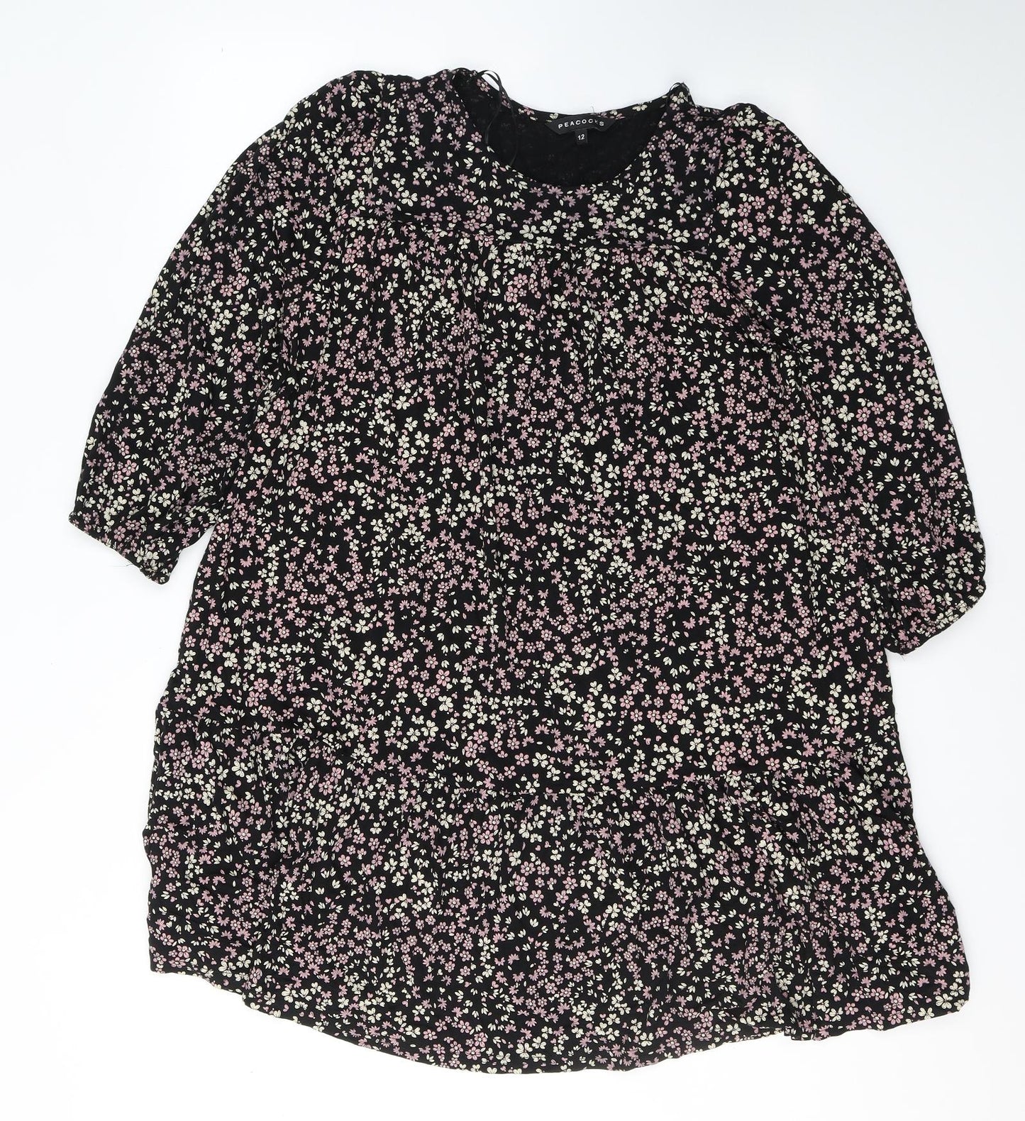 Peacocks Womens Black Floral Viscose Kaftan  Size 12  Round Neck Pullover