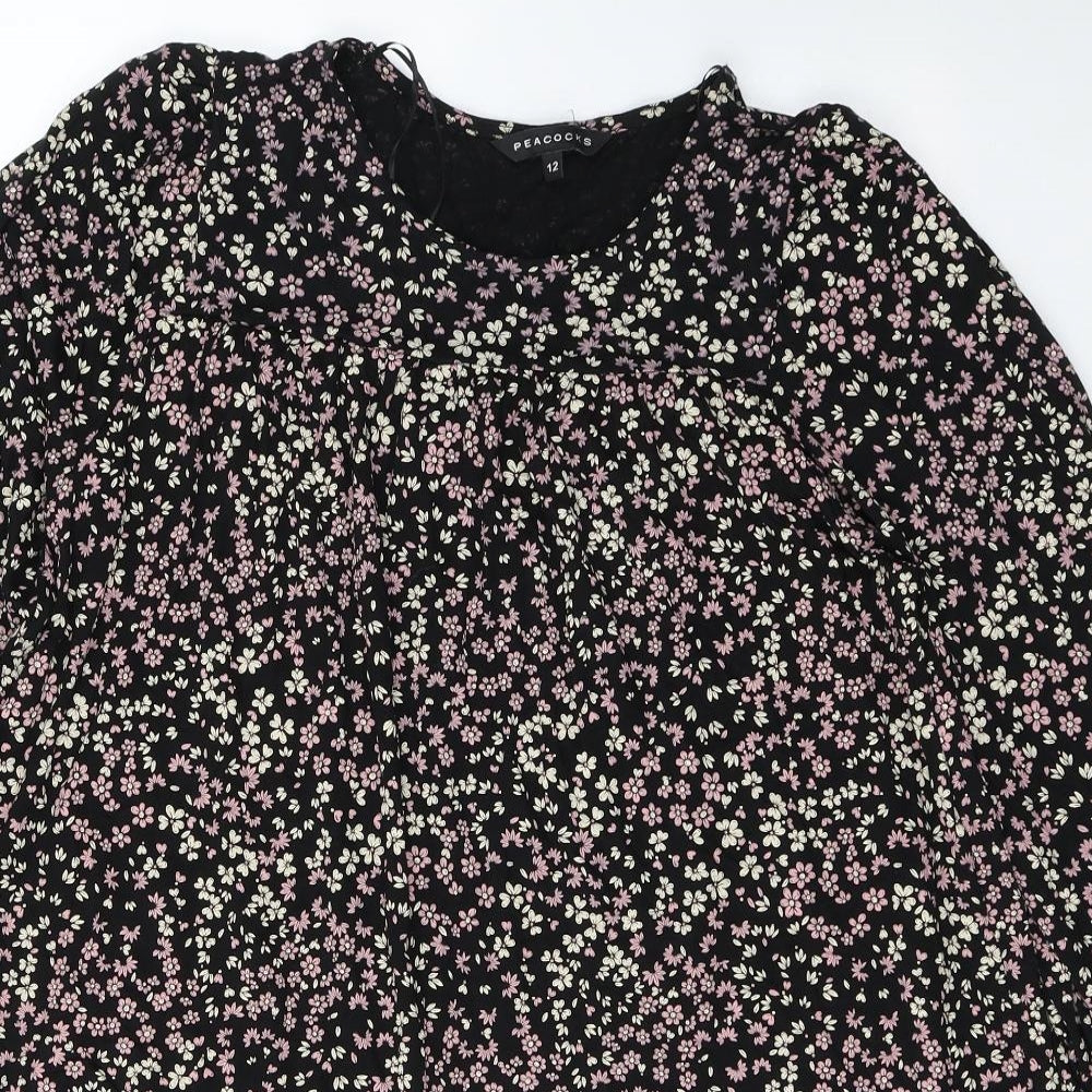 Peacocks Womens Black Floral Viscose Kaftan  Size 12  Round Neck Pullover