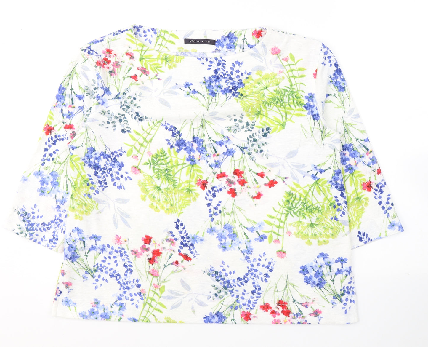Marks and Spencer Womens White Floral Polyester Basic Blouse Size 14 Boat Neck
