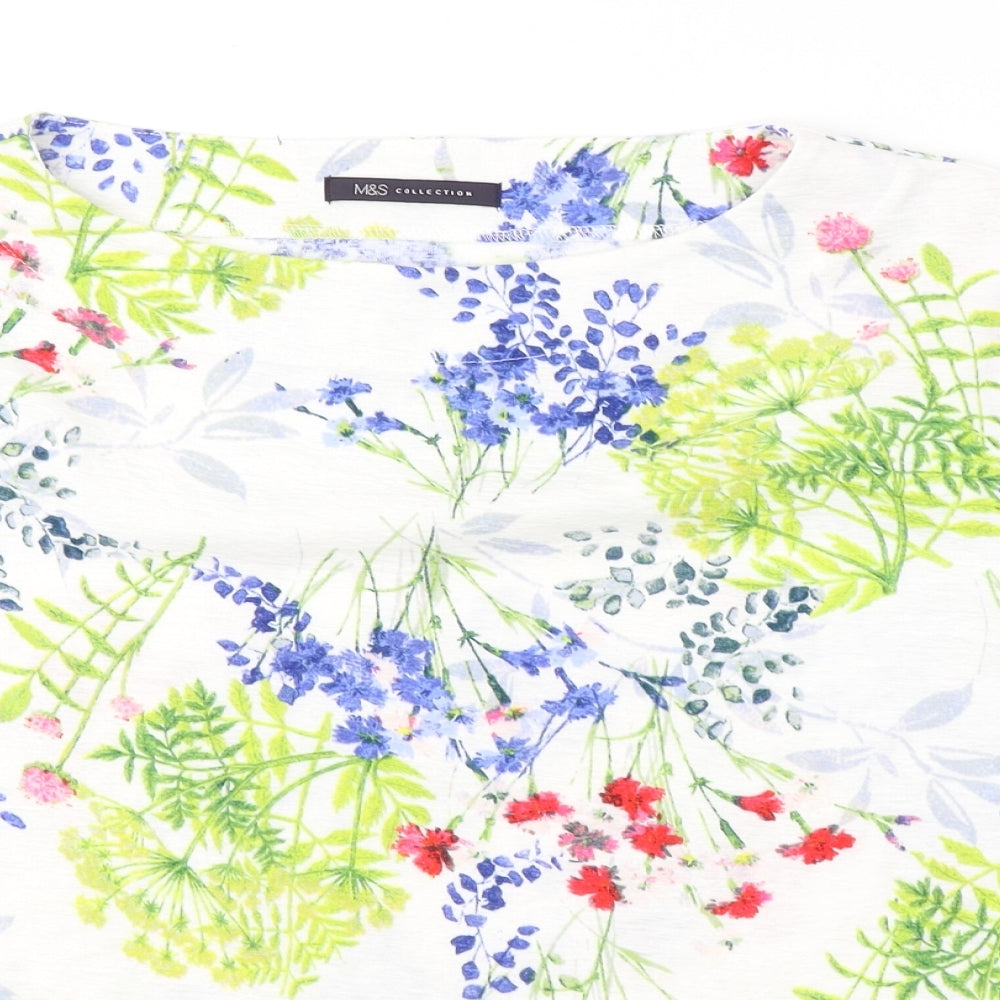 Marks and Spencer Womens White Floral Polyester Basic Blouse Size 14 Boat Neck
