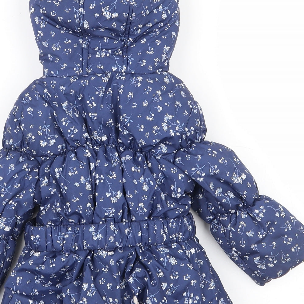 Very Mini Girls Blue Floral  Quilted Coat Size 6-9 Months   Zip