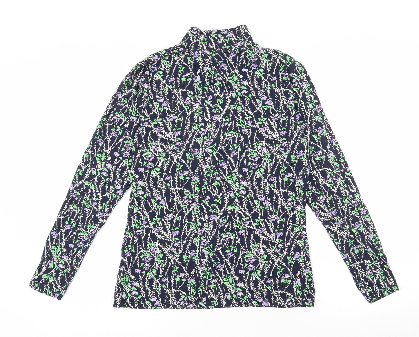 Marks and Spencer Womens Blue Floral Cotton Basic T-Shirt Size 10 High Neck