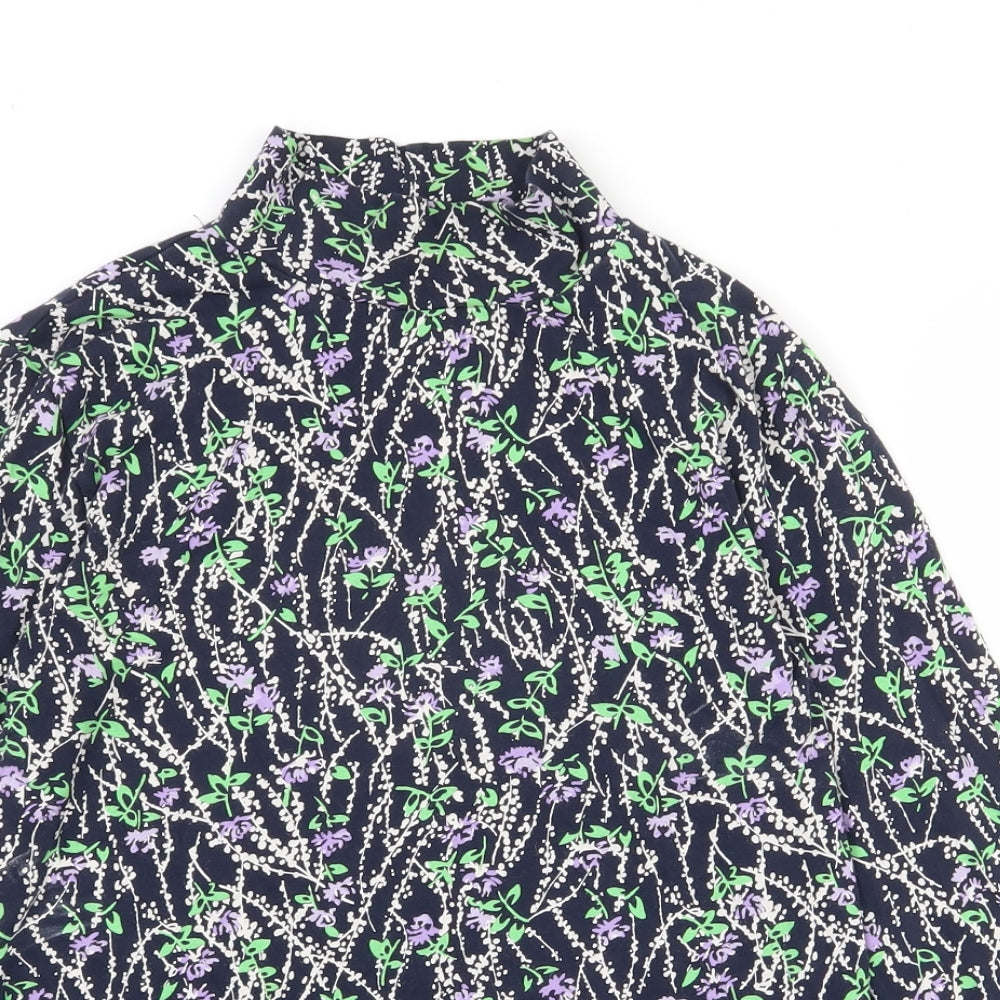 Marks and Spencer Womens Blue Floral Cotton Basic T-Shirt Size 10 High Neck