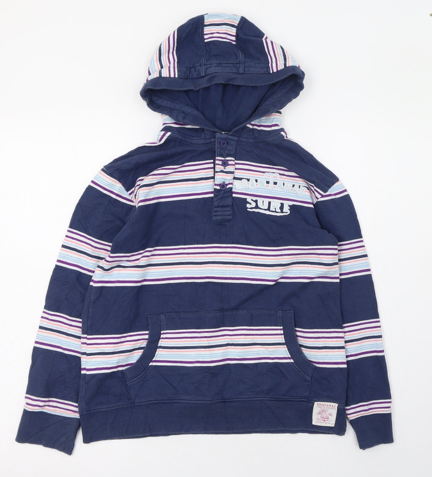 MANTARAY PRODUCTS Boys Blue Striped Cotton Pullover Hoodie Size 9-10 Years  Pullover