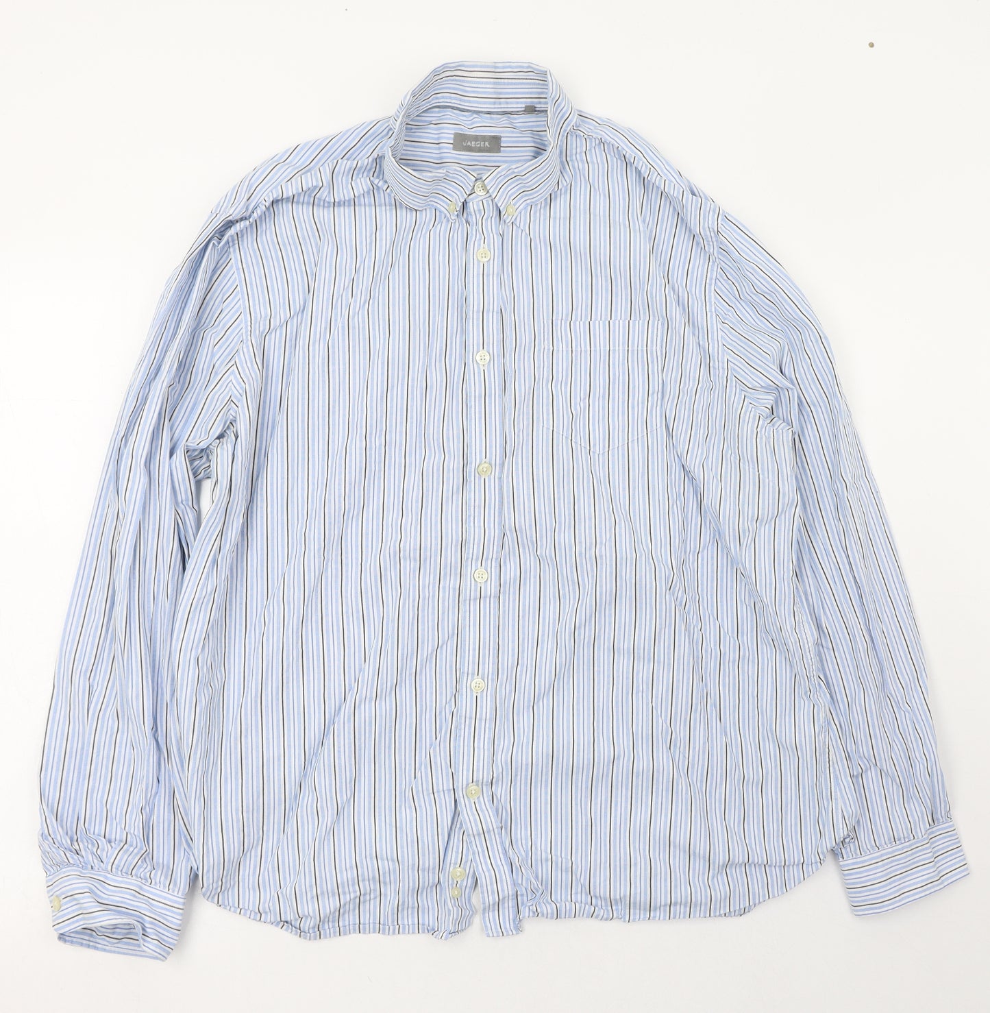 Jaeger Mens Blue Striped 100% Cotton  Dress Shirt Size 2XL Collared Button