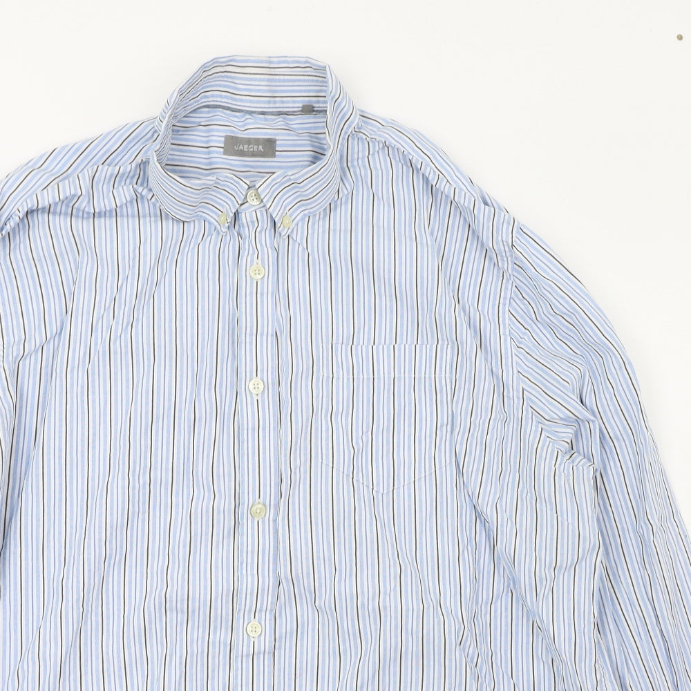 Jaeger Mens Blue Striped 100% Cotton  Dress Shirt Size 2XL Collared Button