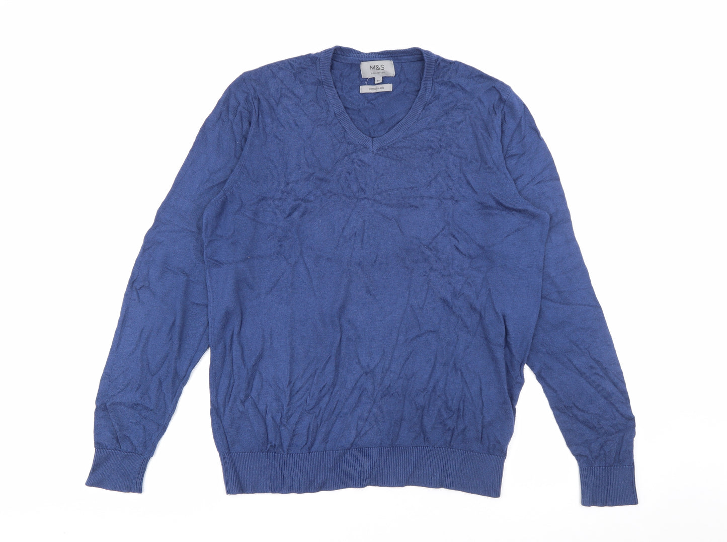 Marks and Spencer Mens Blue V-Neck  Cotton Pullover Jumper Size M