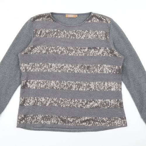 Carla Conti Womens Grey Round Neck Striped Polyester Pullover Jumper Size XL