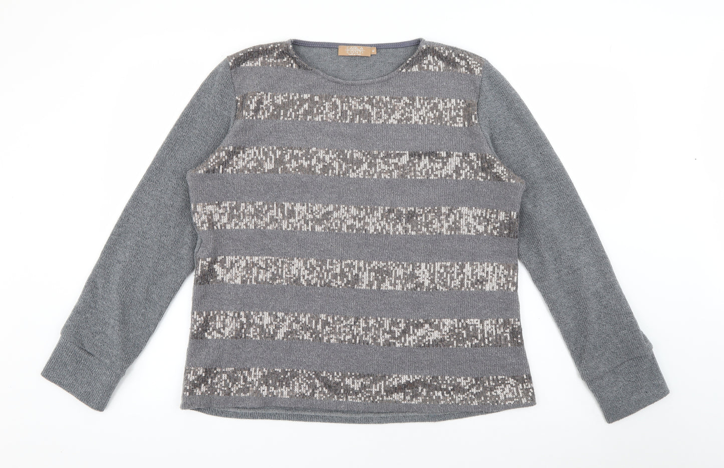 Carla Conti Womens Grey Round Neck Striped Polyester Pullover Jumper Size XL
