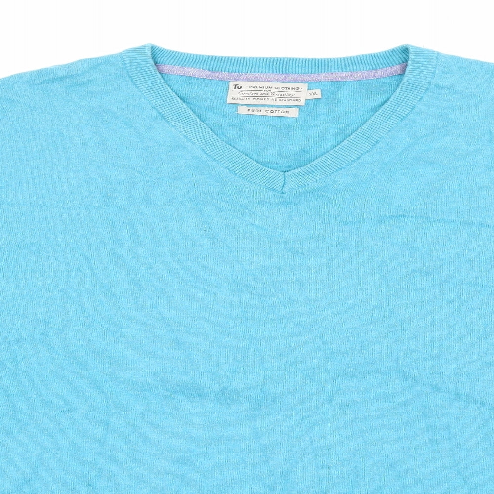 TU Mens Blue V-Neck  Cotton Pullover Jumper Size 2XL