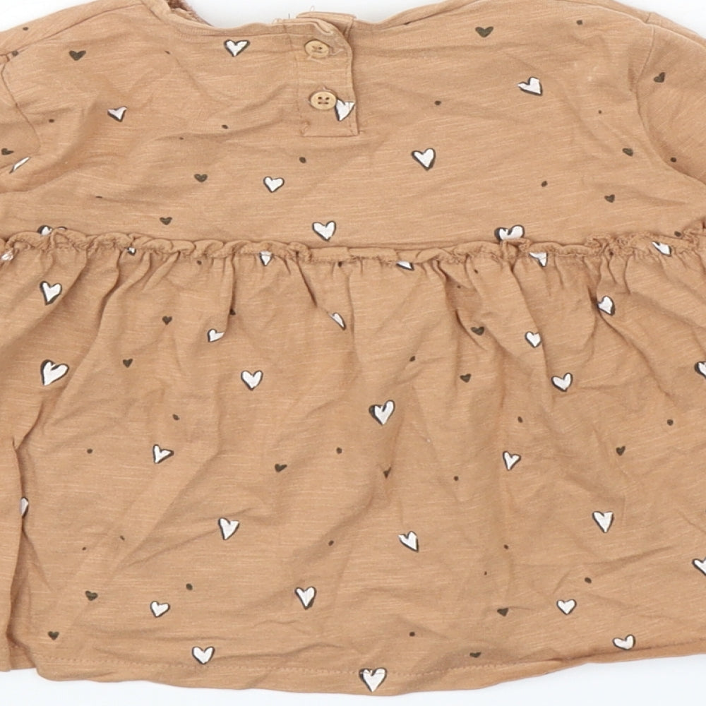 Zara Girls Brown Polka Dot Cotton Basic T-Shirt Size 12-18 Months Round Neck Pullover