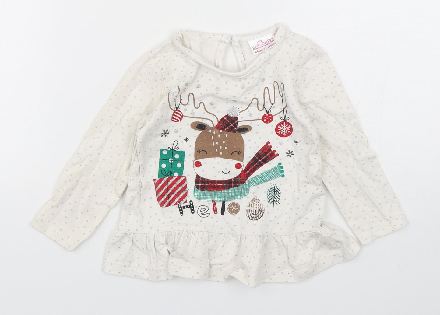 So Cute Girls White Polka Dot Cotton Basic T-Shirt Size 12-18 Months Round Neck Pullover - Christmas