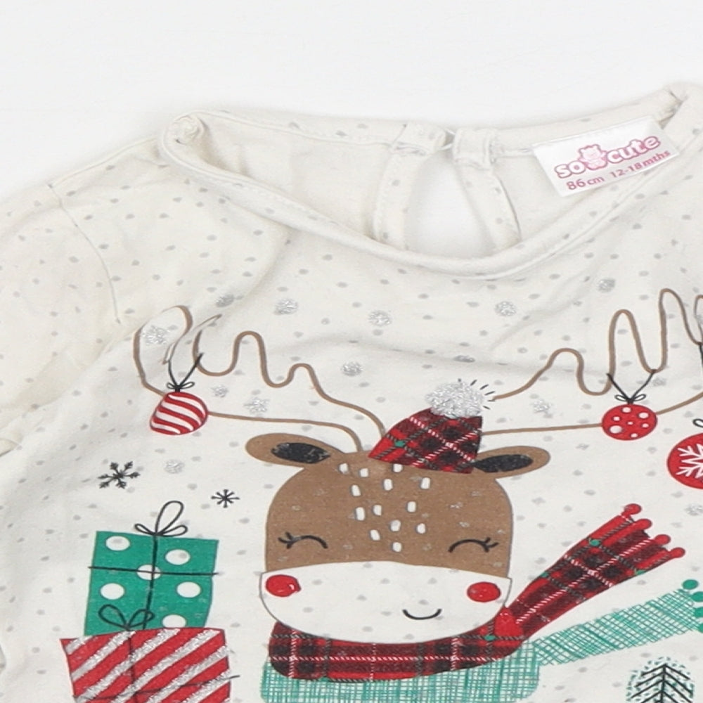 So Cute Girls White Polka Dot Cotton Basic T-Shirt Size 12-18 Months Round Neck Pullover - Christmas
