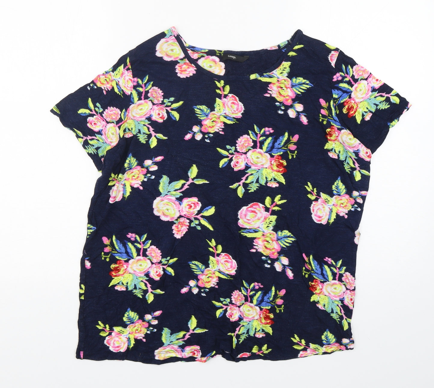 George Womens Blue Floral Viscose Basic T-Shirt Size 16 Round Neck