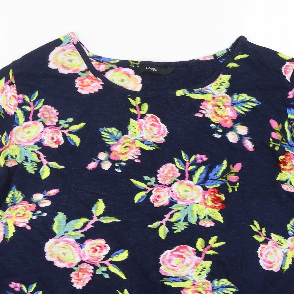 George Womens Blue Floral Viscose Basic T-Shirt Size 16 Round Neck