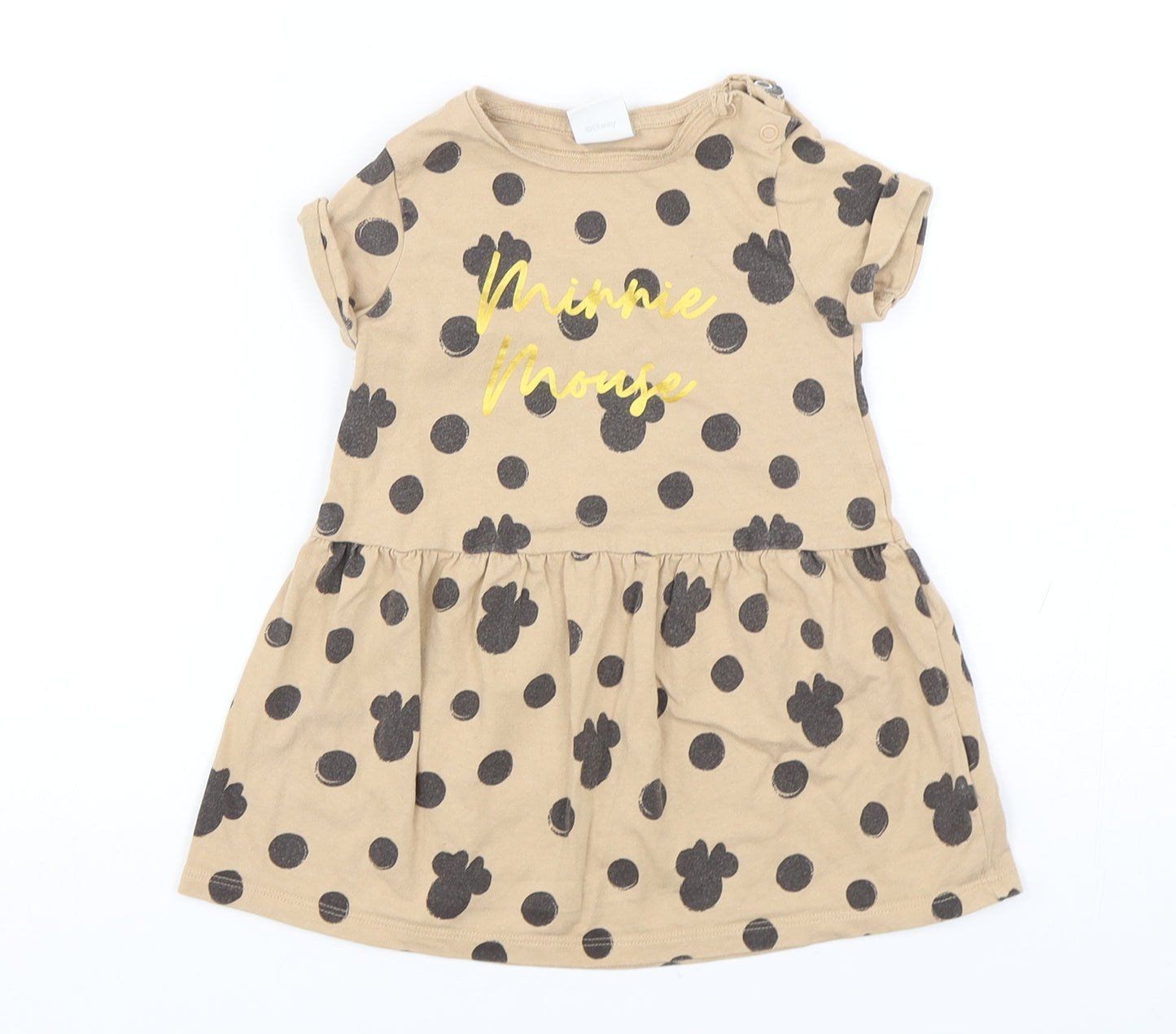 Disney Girls Beige Polka Dot Cotton A-Line  Size 12-18 Months  Round Neck Pullover - Minnie Mouse