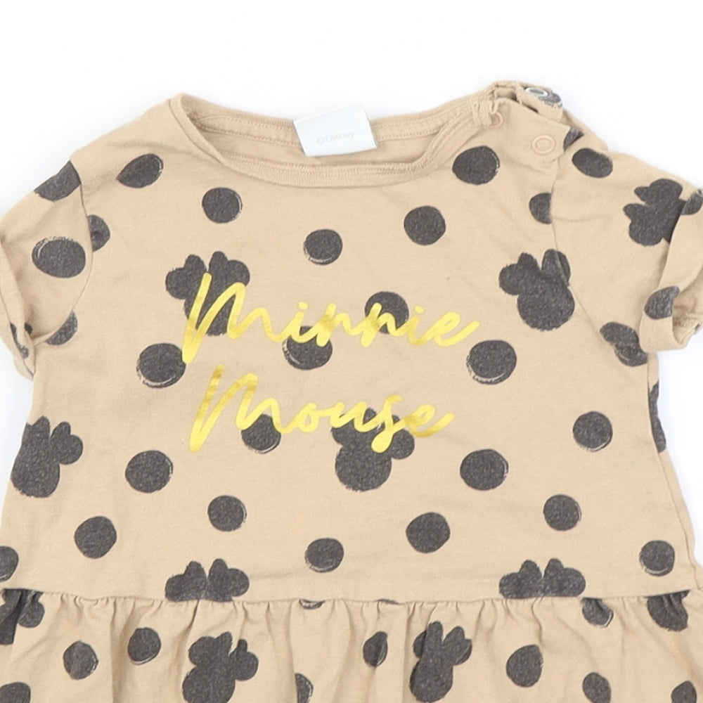 Disney Girls Beige Polka Dot Cotton A-Line  Size 12-18 Months  Round Neck Pullover - Minnie Mouse