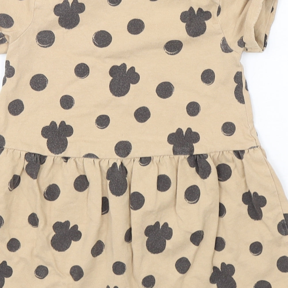 Disney Girls Beige Polka Dot Cotton A-Line  Size 12-18 Months  Round Neck Pullover - Minnie Mouse