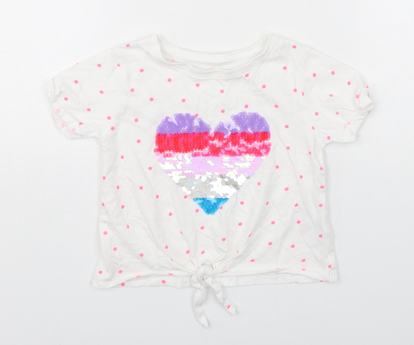 Dunnes Stores Girls White Polka Dot Cotton Basic T-Shirt Size 5 Years Round Neck Pullover