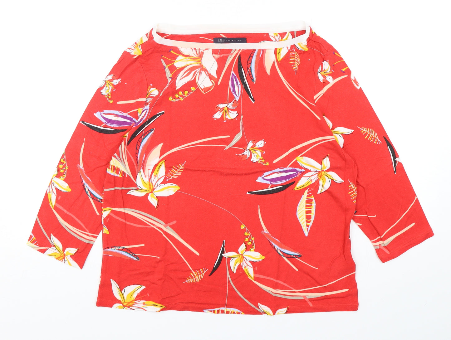Marks and Spencer Womens Red Floral Viscose Basic T-Shirt Size 14 Round Neck