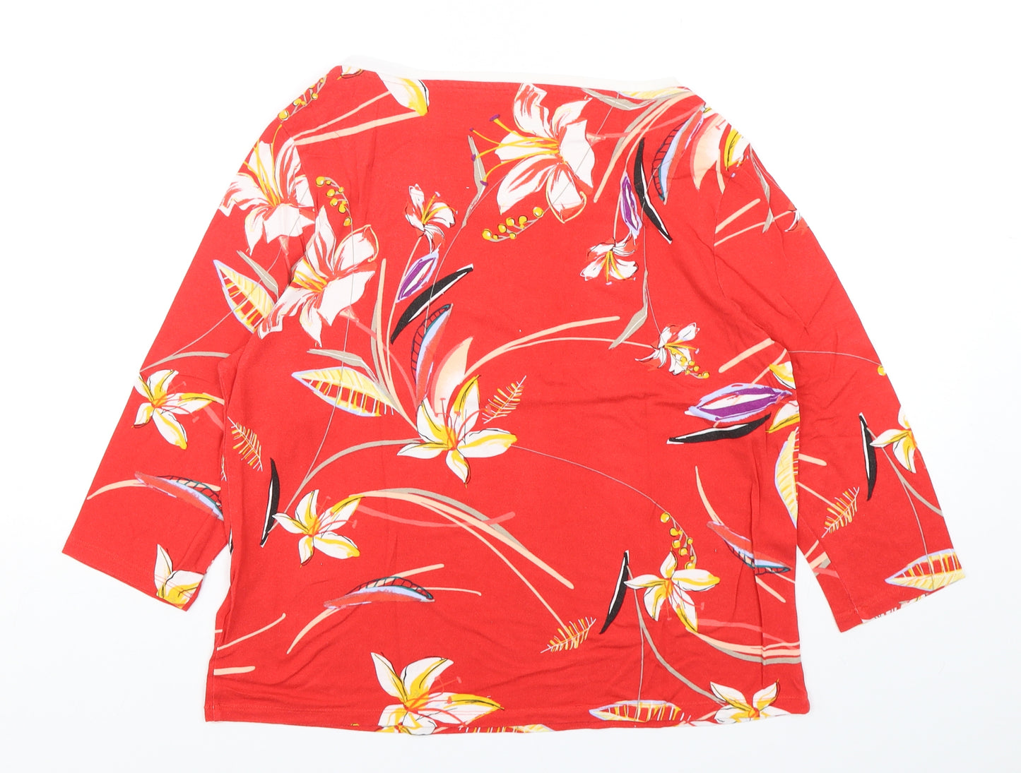 Marks and Spencer Womens Red Floral Viscose Basic T-Shirt Size 14 Round Neck