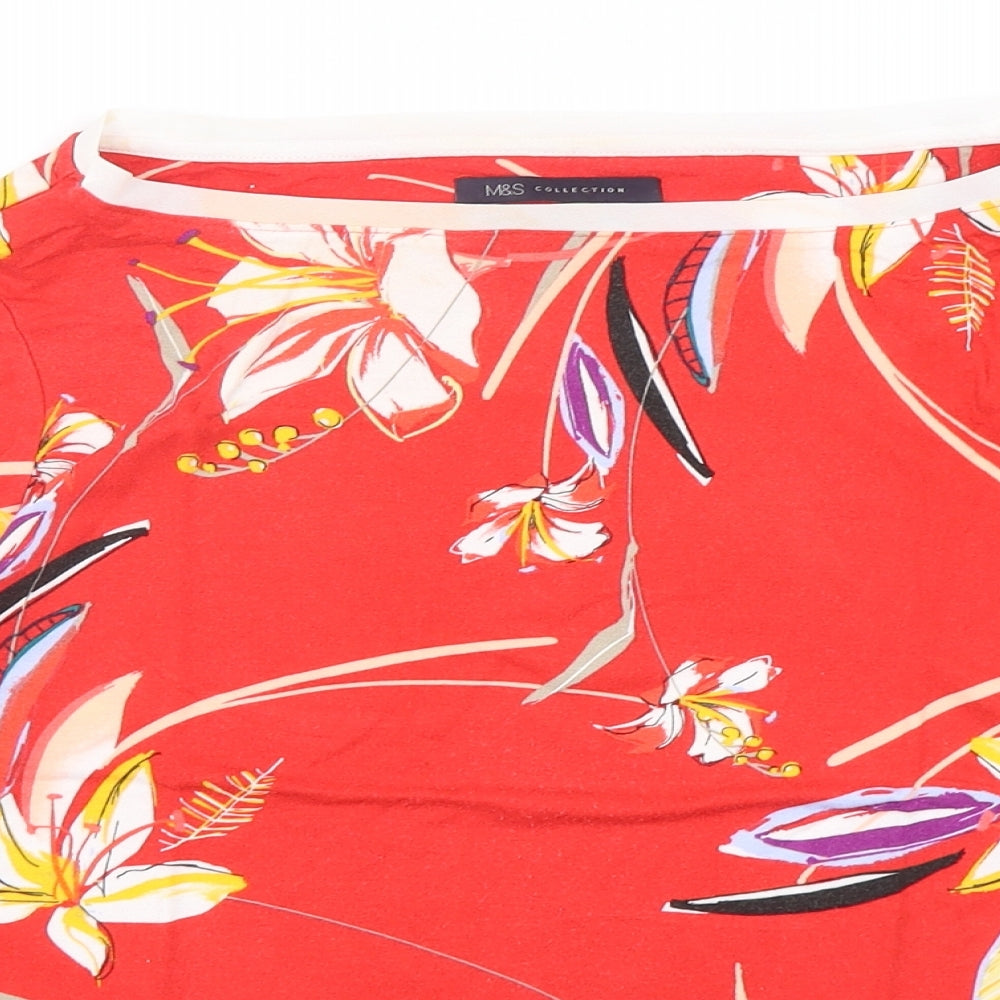 Marks and Spencer Womens Red Floral Viscose Basic T-Shirt Size 14 Round Neck