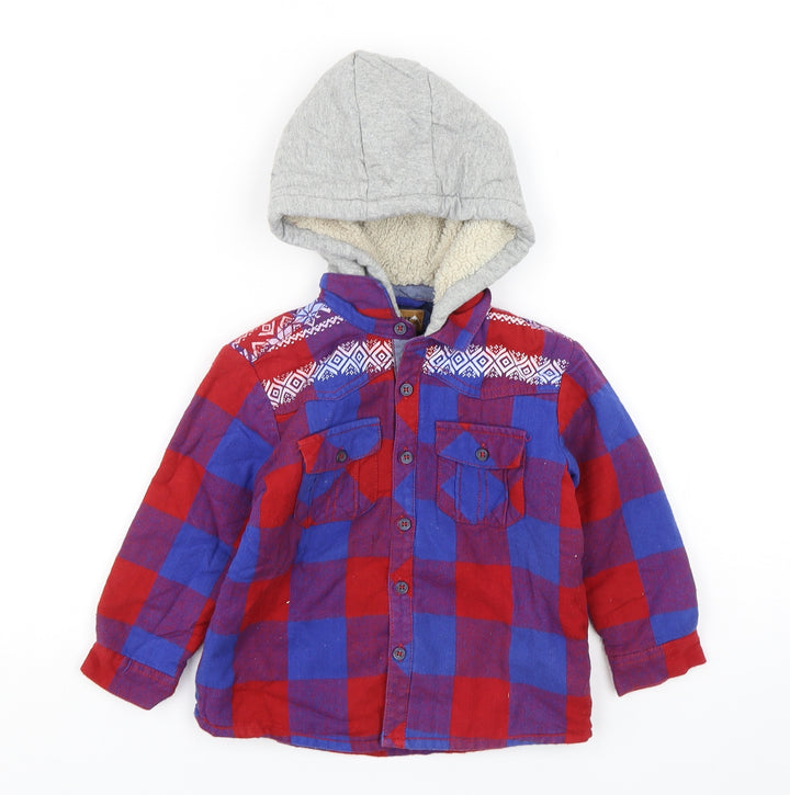NEXT Boys Multicoloured Check Cotton Basic Button-Up Size 2-3 Years V-Neck Button - Shirt with hood