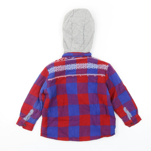 NEXT Boys Multicoloured Check Cotton Basic Button-Up Size 2-3 Years V-Neck Button - Shirt with hood