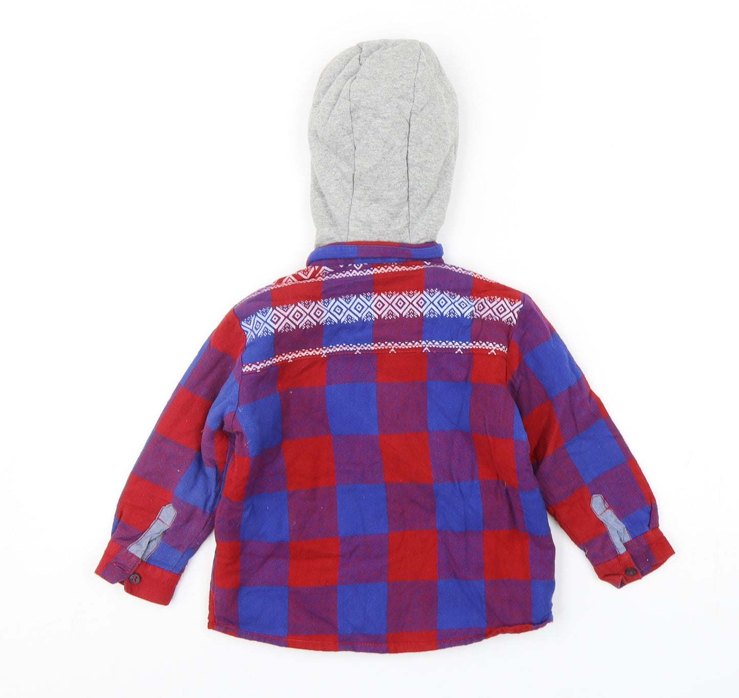 NEXT Boys Multicoloured Check Cotton Basic Button-Up Size 2-3 Years V-Neck Button - Shirt with hood