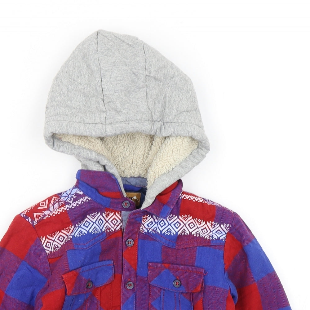 NEXT Boys Multicoloured Check Cotton Basic Button-Up Size 2-3 Years V-Neck Button - Shirt with hood