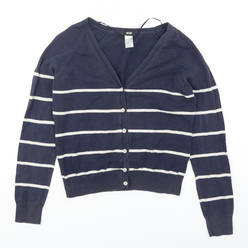 H&M Womens Blue V-Neck Striped Cotton Cardigan Jumper Size S