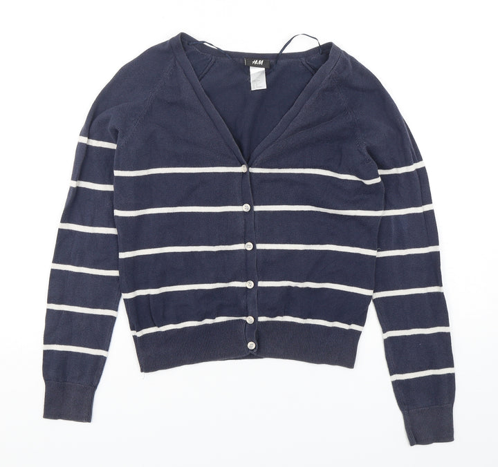 H&M Womens Blue V-Neck Striped Cotton Cardigan Jumper Size S