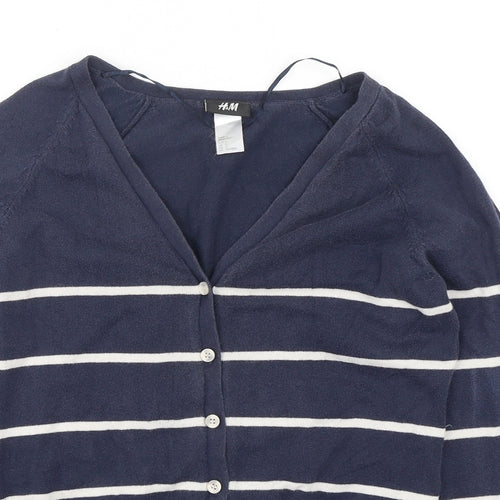 H&M Womens Blue V-Neck Striped Cotton Cardigan Jumper Size S