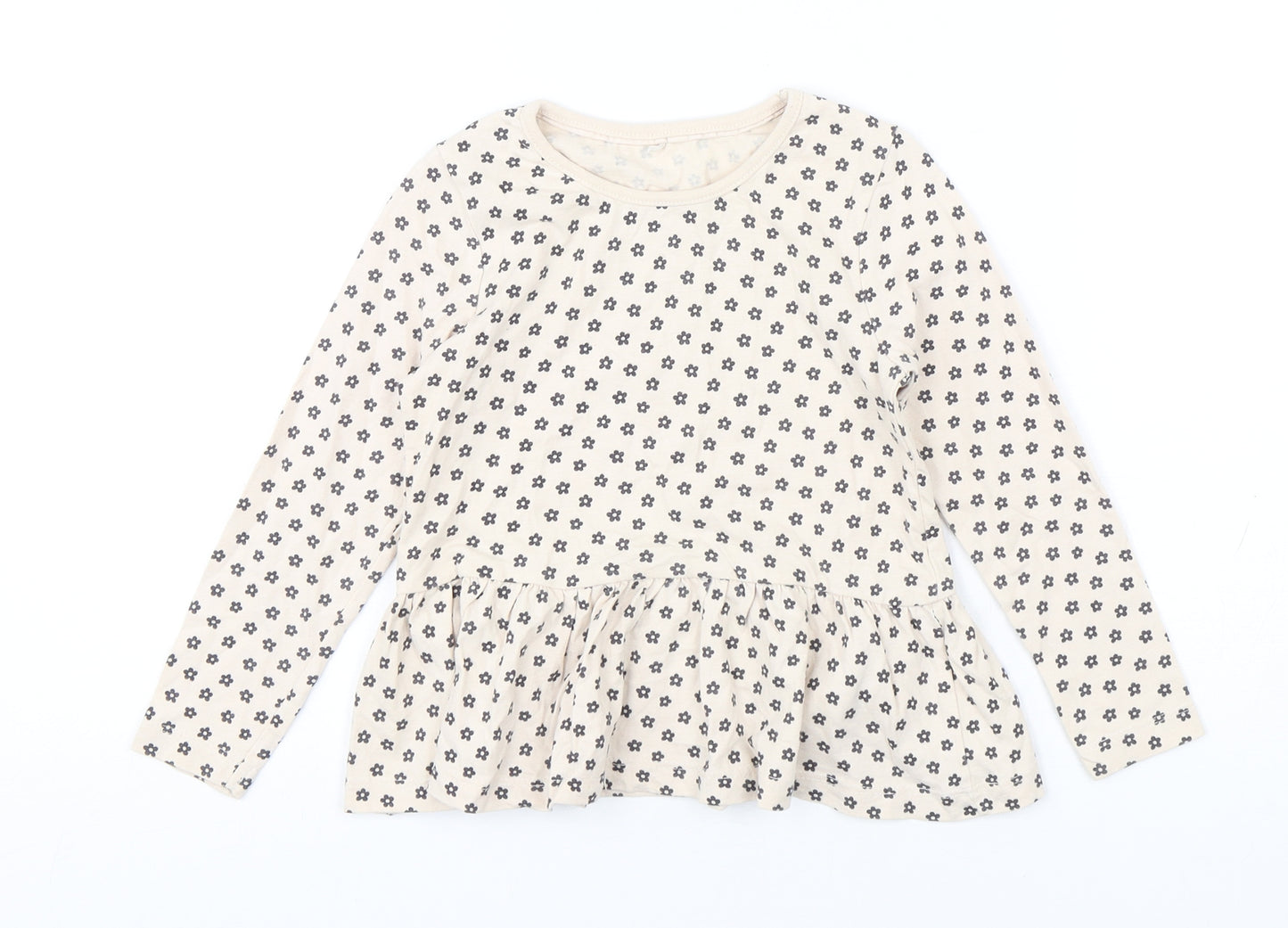 George Girls Beige Floral Cotton Basic T-Shirt Size 4-5 Years Round Neck Pullover
