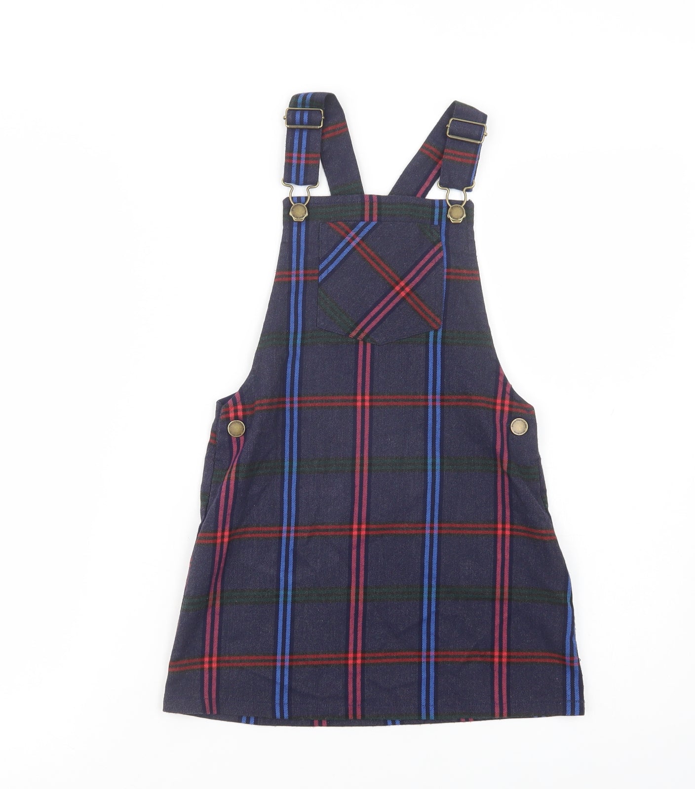 NEXT Girls Purple Plaid Polyester Pinafore/Dungaree Dress  Size 7 Years  Square Neck Button